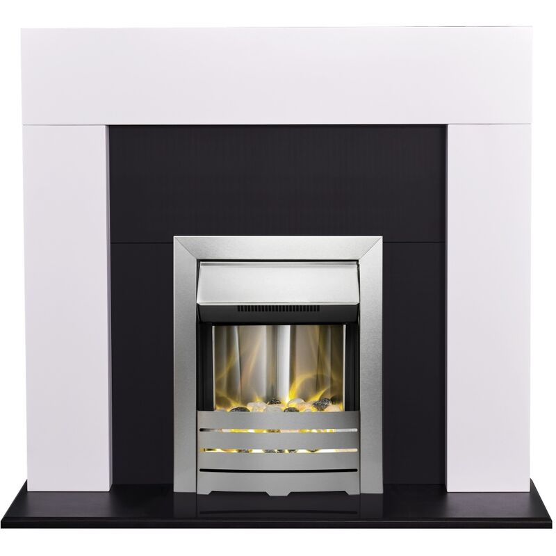 Image of Adam - Miami Fireplace in Pure White & Black with Helios Electric Fire in Brushed Steel, 48 Inch