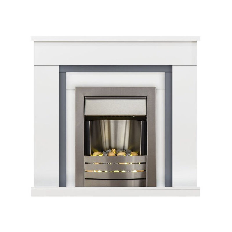 Milan Fireplace in Pure White & Grey with Helios Electric Fire in Brushed Steel, 39 Inch - Adam