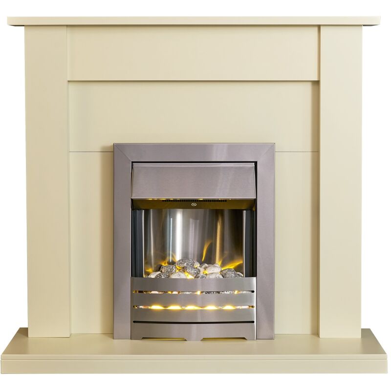 Sutton Fireplace in Cream & Black/Cream with Helios Electric Fire in Brushed Steel, 43 Inch - Adam