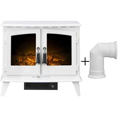 Adam Woodhouse Electric Stove in Pure White with Angled Stove Pipe in Pure White