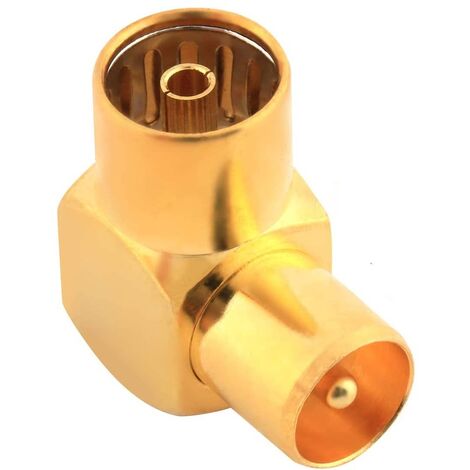 Adaptador antena coaxial macho - hembra en angulo recto  Dorado
