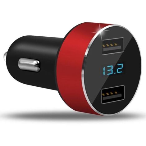 Adaptador de Carga Coche 2 Puertos 3.1A USB Voltímetro LED Digital 12V/24V para Teléfonos, Tablets y Cámaras, Rojo