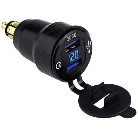 Adaptador de carga rápida 3.0 DIN Powerlet macho a doble puerto USB con voltímetro, azul