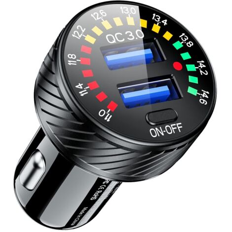 Adaptador de cargador rápido USB QC3.0 de doble puerto para encendedor de cigarrillos de coche, 36 W 3 A, con voltímetro e interruptor.