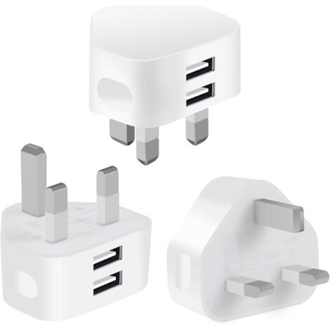 Adaptador de enchufe de pared USB de doble puerto para Reino Unido (paquete de 3), compacto, 2,1 A, con tecnología de carga inteligente IC.
