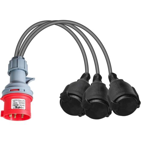 Adaptador de enchufe para camping, 16 A, 400 V, a 3 conectores de 230 V, 3 x 1,5 mm², cable de goma IP44, divisor de alta corriente