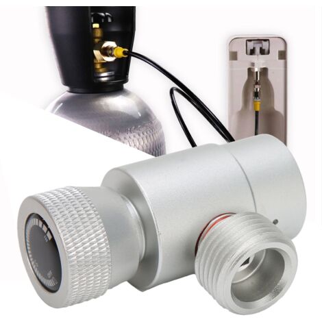 Adaptador de recarga de CO2 de aluminio plateado CGA320/TR21-4 para botellas de refresco con válvula de seguridad integrada.