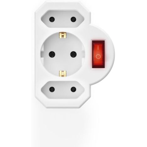 Adaptador de regleta de 3 tomas, 1 toma con toma de tierra / 2 tomas europeas, blanco