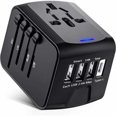 Adaptador de viaje, adaptador de enchufe universal con tipo C + 3 puertos USB y toma de CA, enchufe adaptador para varios países