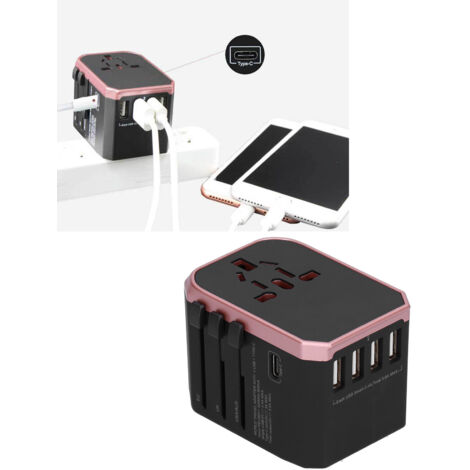 Adaptador de viaje internacional con 4 puertos USB + puerto USB-C para China (rosa) – ABS – 2000 W