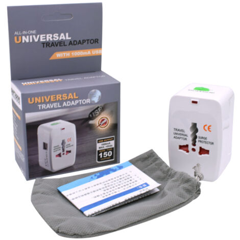 Adaptador de viaje universal con 4 enchufes (AU/GB/US/EU) y 2 puertos USB, blanco, ABS, 74 x 50 x 40 mm, 1 unidad + bolsa