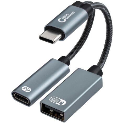 Adaptador MicroConnect USB-C a USB-C PD y USB-A 2.0 hembra, plateado, 13 cm, MC-USBC-CFAF