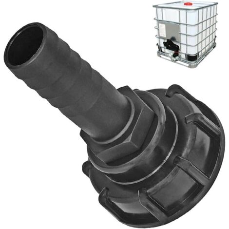 Adaptador para depósitos de agua para contenedores IBC con rosca S60 x 6 y salida de manguera de 2,5 cm para una distribución eficiente de líquidos en el jardín y el patio.