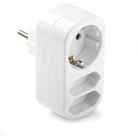 Adaptador triple mixto: 2 x 2p 10a y schuko 2p+t 16a 250 v, blanco, retractilado