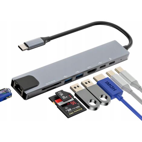 Adaptador USB HUB 8 en 1 USB-C USB 3.0 PD HDMI SD LAN THUNDERBOLT