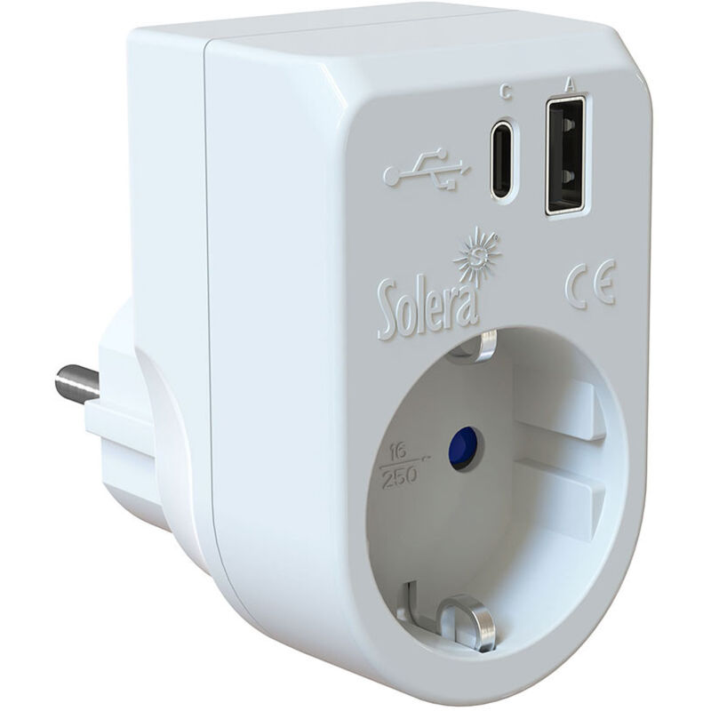 Adaptateur 2P+E 16A 250V - Blanc avec usb a + usb c 3A 5VDC - IP20 - 860USBAC Solera