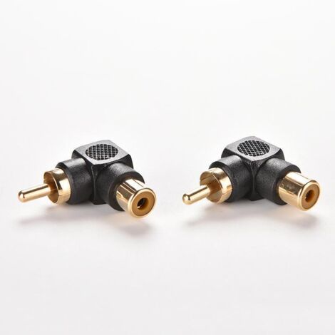Adaptateur audio RCA coudé à 90 degrés en forme de lotus, plaqué or, avec fiche mâle-femelle.