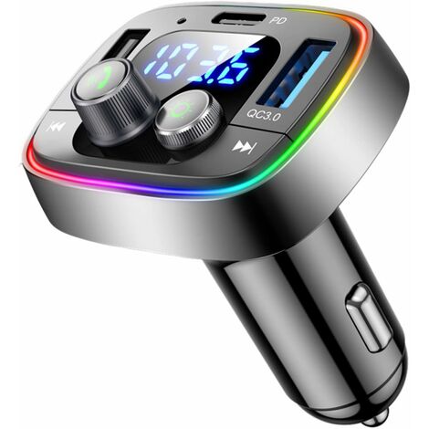 Adaptateur Bluetooth pour voiture, émetteur radio FM sans fil, appel mains libres et récepteur audio, lecteur de musique MP3, chargeur de voiture USB QC3.0 et Type-C PD, rétroéclairage LED 7 couleurs