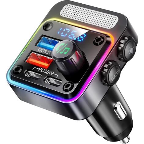 Adaptateur Bluetooth Voiture - Chargeur Rapide 54 W 4 Ports PD36W QC18W - Émetteur FM Sans Fil avec Haut-Parleur Basses Profondes - Commande Vocale Mains Libres - LED Rétroéclairée 5 Couleurs