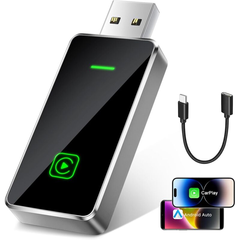 Adaptateur Carplay sans Fil 2 en 1 pour iOS CarPlay/Android Auto, Convertir Le Filaire en sans Fil avec USB & USB-C/Type-C, Contrôle Stable & Aucun