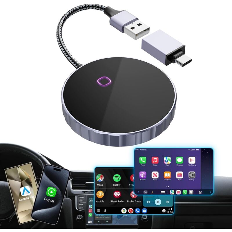 Adaptateur CarPlay sans fil 2024 et adaptateur sans fil automatique Android, 2 en 1 filaire vers sans fil CarPlay et Android pour voitures CarPlay