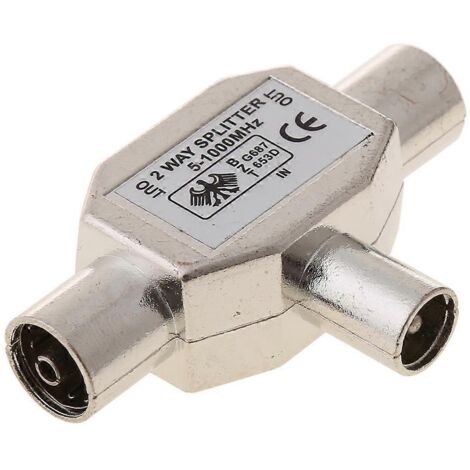 Adaptateur coaxial métallique 2 voies pour antenne TV (1x mâle vers 2x femelles).