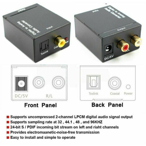 Adaptateur convertisseur audio numérique fibre-coaxial vers analogique RCA L/R avec câble à fibre optique
