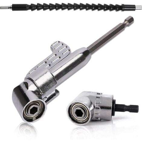 Adaptateur coudé à 105° pour tournevis (1 long et 1 court) + rallonge de perceuse à tige flexible de 300 mm avec changement rapide de foret 1/4" et porte-embout magnétique