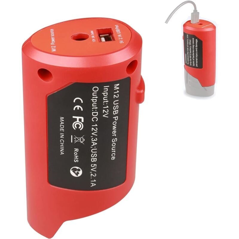 SNQ - Adaptateur d'alimentation usb M12 pour batterie Milwaukee M12 12 v avec port usb 2,1 a et prise dc 12 v, adaptateur de charge de périphérique