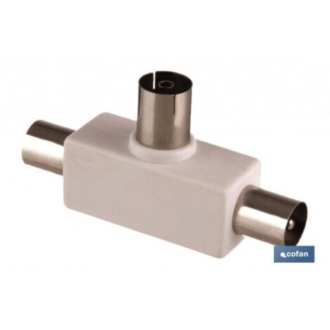 Adaptateur d'antenne en T femelle 1 et mâle 2, coaxial, blanc, pour TV.