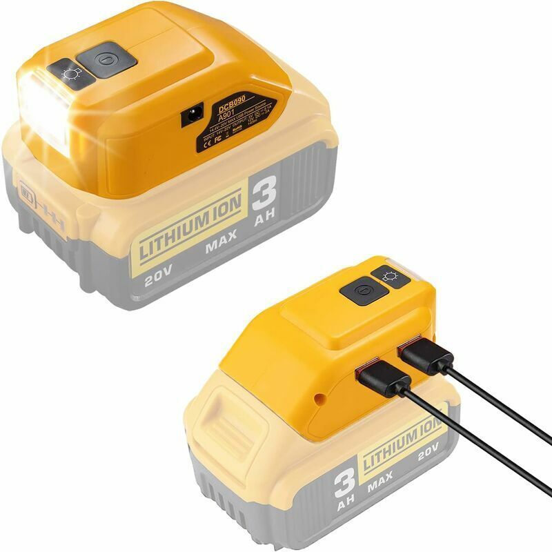 Adaptateur de batterie pour batterie lithium-ion Dewalt 14,4 V / 18 V / 20 V, connecteur CC et projecteur de travail LED et deux chargeurs USB,