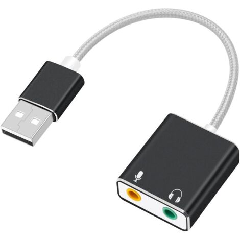 Adaptateur de carte son stéréo externe USB en aluminium, adaptateur audio USB tressé en nylon avec prise casque et microphone, noir