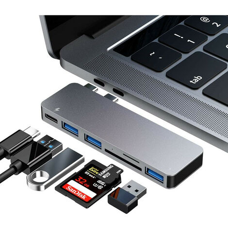 Adaptateur de concentrateur pour MacBook Pro/Air, accessoires USB-C 6 en 1 avec ports USB, lecteur de carte TF/SD