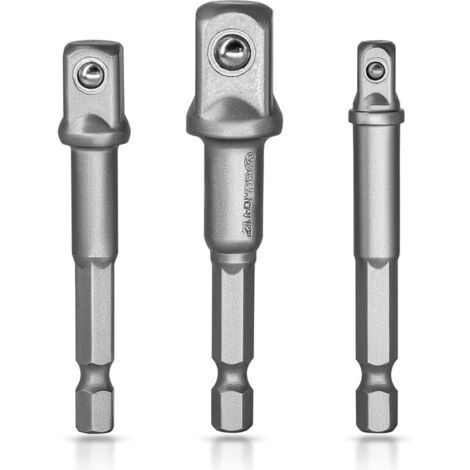 Adaptateur de douille Ulisem S&R pour perceuse/visseuse à chocs. Jeu de 3 pièces pour mandrins à carré de 1/4", 1/2" et 3/8", chrome vanadium (gris clair)