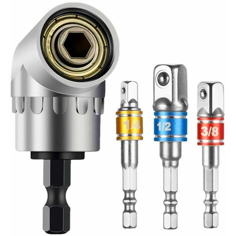 Adaptateur de fixation pour tournevis à angle de 105° (1/4 pouce, tige hexagonale) et adaptateur de douille en 3 pièces