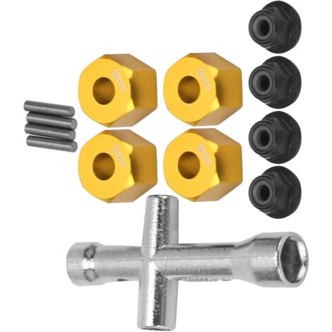 Adaptateur de moyeu hexagonal 12mm pour véhicule RC 1/10, écrous de serrage M4 avec clé Allen, épaisseur 9mm, couleur dorée.