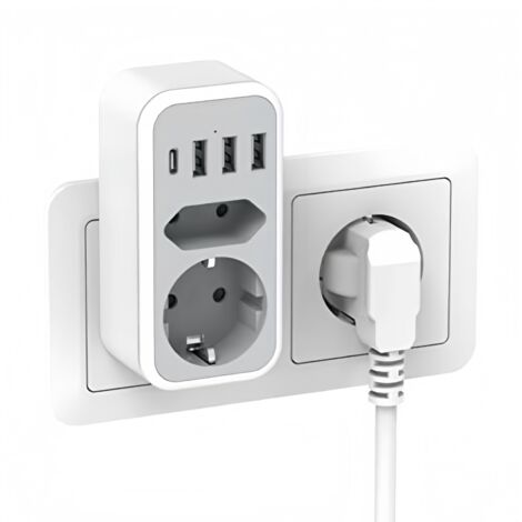 Adaptateur De Prise - 1 Prise Schuko + 1 Prise Euro + 1 USB C + 3 USB A - 3600 W - 16 A - Pour Logement Et Dortoir