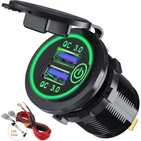 Adaptateur de prise de chargeur de voiture USB 3.0 à double charge rapide avec interrupteur pour véhicules 12 V/24 V - Charge rapide 36 W pour bateaux, motos et camions (vert)