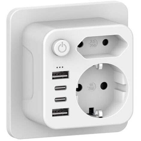 Adaptateur De Prise USB - 1 Prise Schuko + 1 Prise Euro + 2 USB-C + 2 USB-A - 6000 W Max - 16 A - Blanc - 1 Pièce