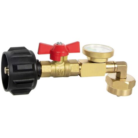 Adaptateur de remplissage de propane avec valve et manomètre, pour remplir une bouteille de 450 g à partir d'une bonbonne de 9 kg, conception coudée à 90°.