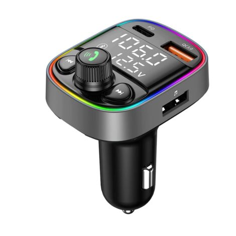 Adaptateur de voiture Bluetooth sans fil, transmetteur FM récepteur radio AUX, appel mains libres, ports de chargeur de voiture USB QC3.0 et Type-C, 7 couleurs avec affichage 2 LED, carte TF et lecteu