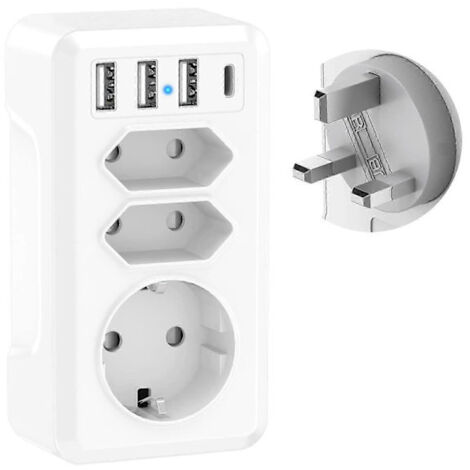 Adaptateur de voyage 7 en 1 avec 3 ports USB et 1 port USB-C - Adaptateur de prise Dubaï, Malaisie et Irlande (Type G)