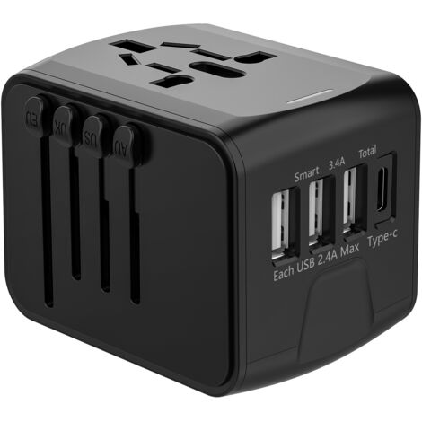 Adaptateur de voyage, adaptateur de prise universel avec ports USB de type C+3 et prise secteur, prise d'adaptateur pour plusieurs pays