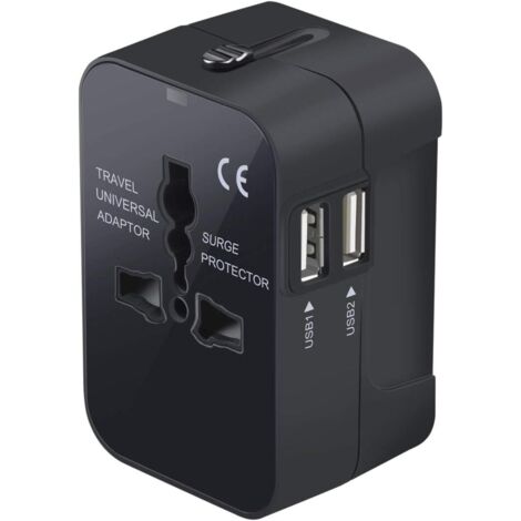 Adaptateur de voyage, adaptateur secteur universel tout-en-un dans le monde entier, chargeur mural international avec deux ports de charge USB pour téléphone portable US EU UK AUS Europe (noir)