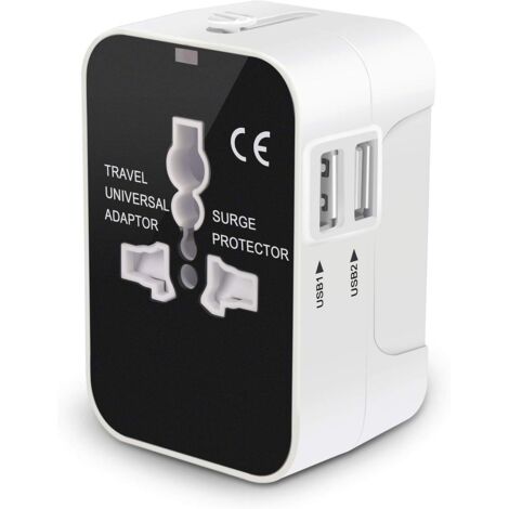 Adaptateur de voyage, adaptateur secteur universel tout-en-un dans le monde entier, prise secteur, chargeur mural international avec deux ports de charge USB pour téléphone portable US EU UK AUS Europ