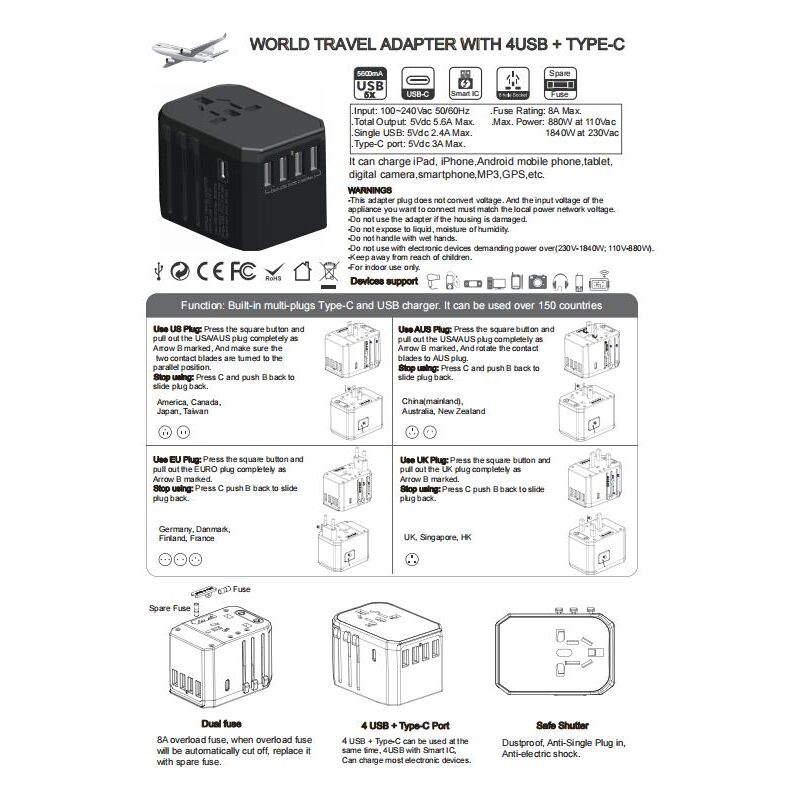 Adaptateur de voyage international Adaptateur universel avec 1 usb-a + 2 Type c pour téléphones portables, ordinateurs, tablettes, adaptateur de