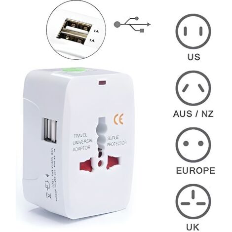 Adaptateur de Voyage International Prise Universel avec 2 ports USB (1A) Secteur 220V / 110V AU US EU