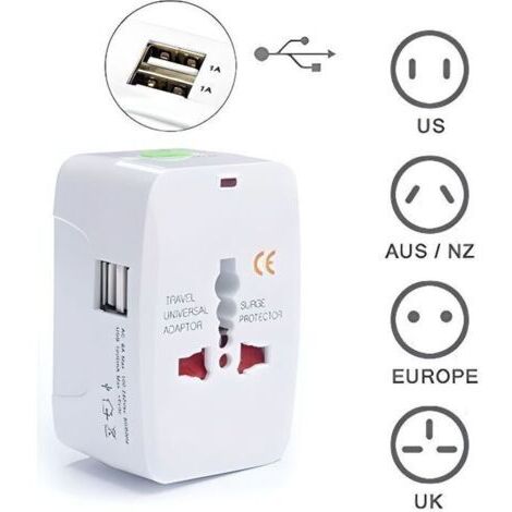 Adaptateur de Voyage International Prise Universel avec 2 ports USB (1A) Secteur 220V / 110V AU US EU