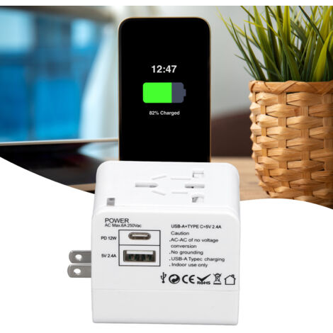 Adaptateur de Voyage Universel avec Ports USB A et USB C, Convertisseur de Puissance Sécurisé Blanc pour Charge Rapide et Portable