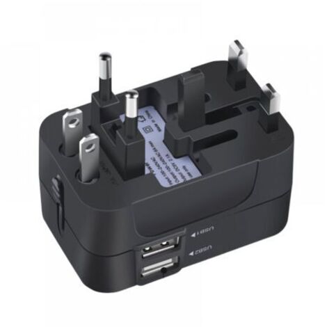 Adaptateur de voyage universel, chargeur mural, adaptateur secteur avec deux ports de charge USB, compatible avec les téléphones portables des États-Unis, de l'UE, du Royaume-Uni et de l'Australie.
